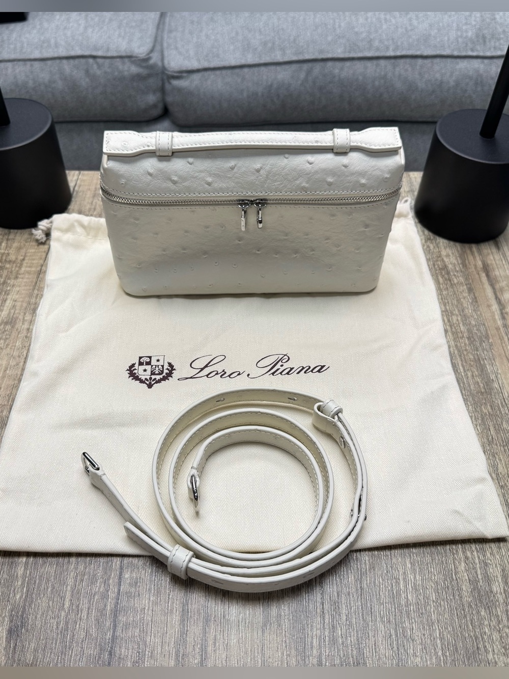 Loro Piana Ivory Ostrich Leather L19 Bag with Removable Strap and Dust Bag